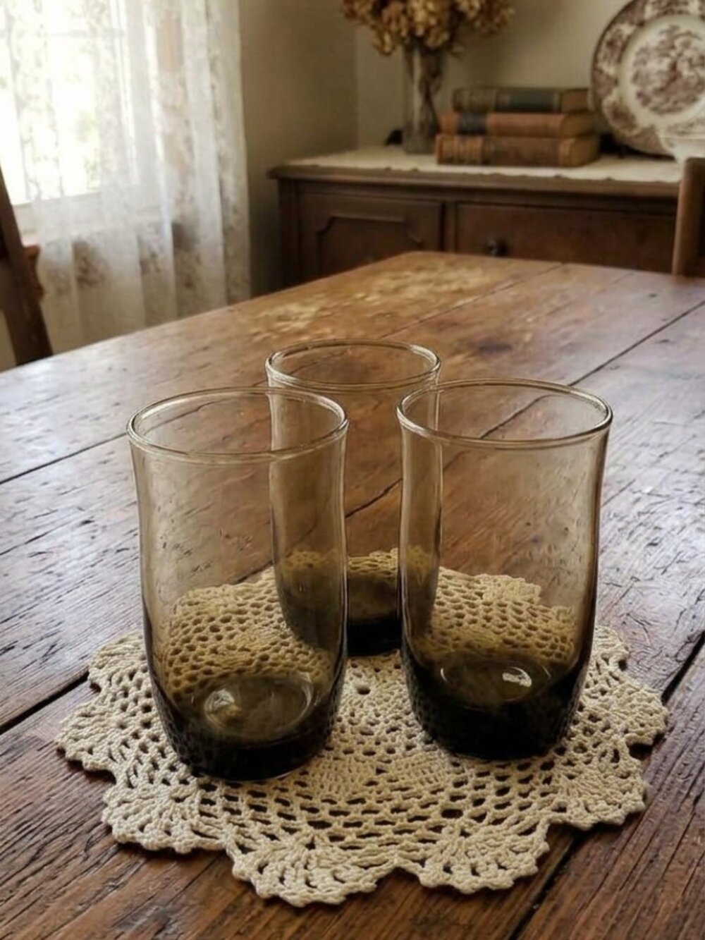 Vintage smoky glass small tulip juice 3 glasses grey brown retro glassware MCM